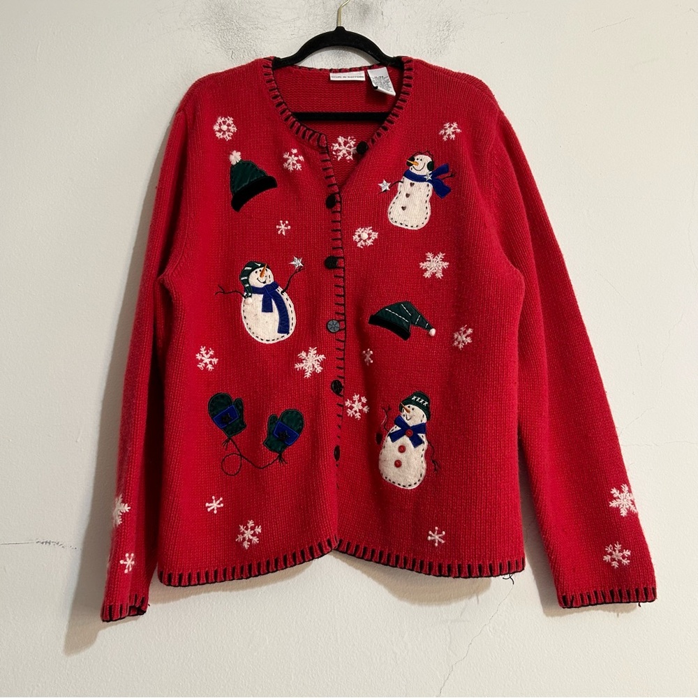 Vintage Red Embroidered Knit Snowman Snowflake Winter Holiday Cardigan Sweater